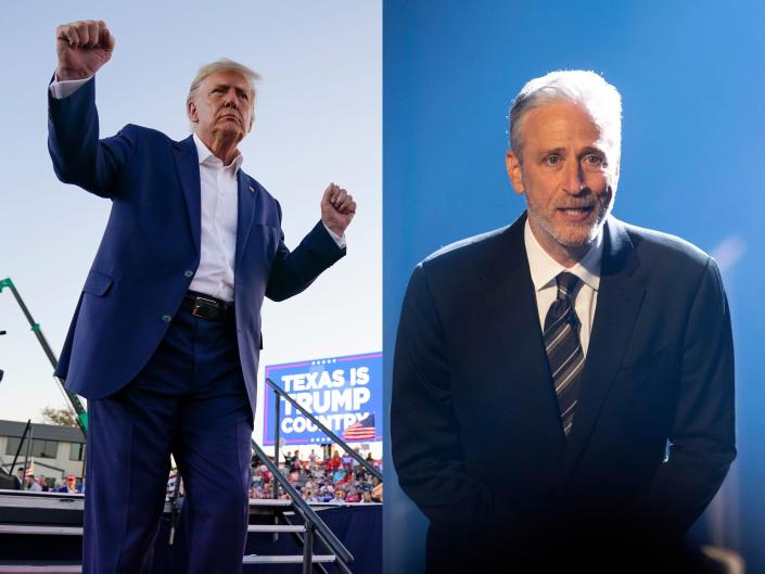 Donald Trump wearing a blue suit with his fists raised on left, Jon Stewart wearing a blue suit while standing on a stage with a blue background on right