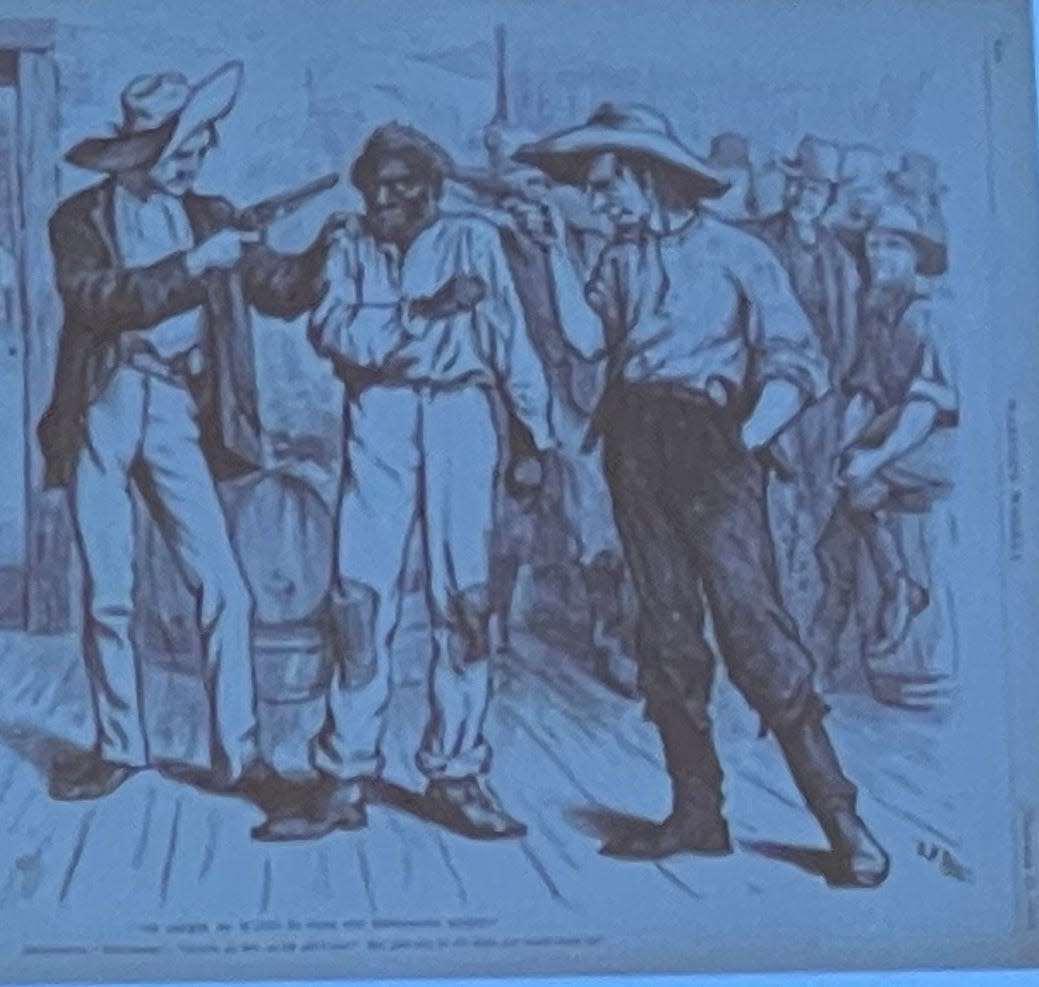 A drawing showing a Black man being intimidated and prevented from voting.