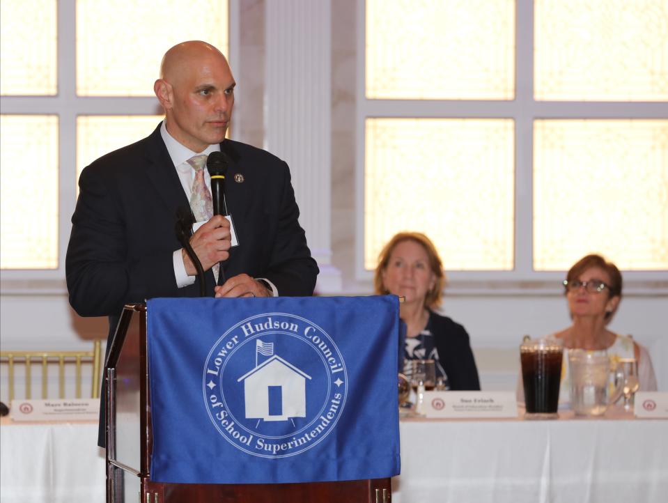 Marc Baiocco, chairman of the Lower Hudson Council of School Superintendents, welcomes guests during the 56th Carroll F. Johnson Scholastic Achievement Dinner at Villa Barone Hilltop Manor in Mahopac, May 22, 2024.