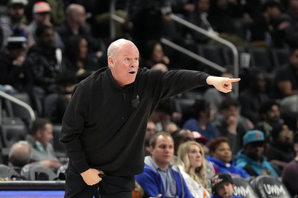 Charlotte Hornets head coach Steve Clifford signals from the sideline during the second half of an NBA basketball game against the Detroit Pistons, Monday, March 11, 2024, in Detroit. (AP Photo/Carlos Osorio)
