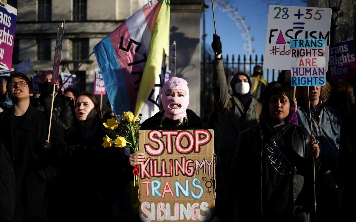 Supporters of Nicola Sturgeon's Gender Recognition Reform (Scotland) Bill protest outside Downing Street last month - Henry Nicholls/Reuters