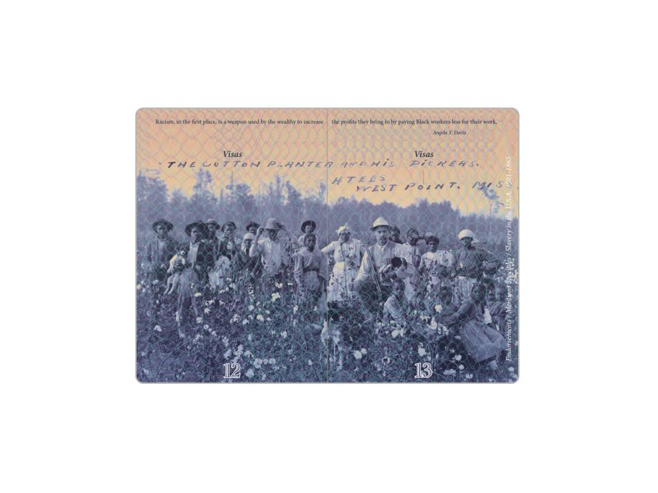 Pilar Castillo incorporated this photo of a cotton planter and his pickers in her "Passport."