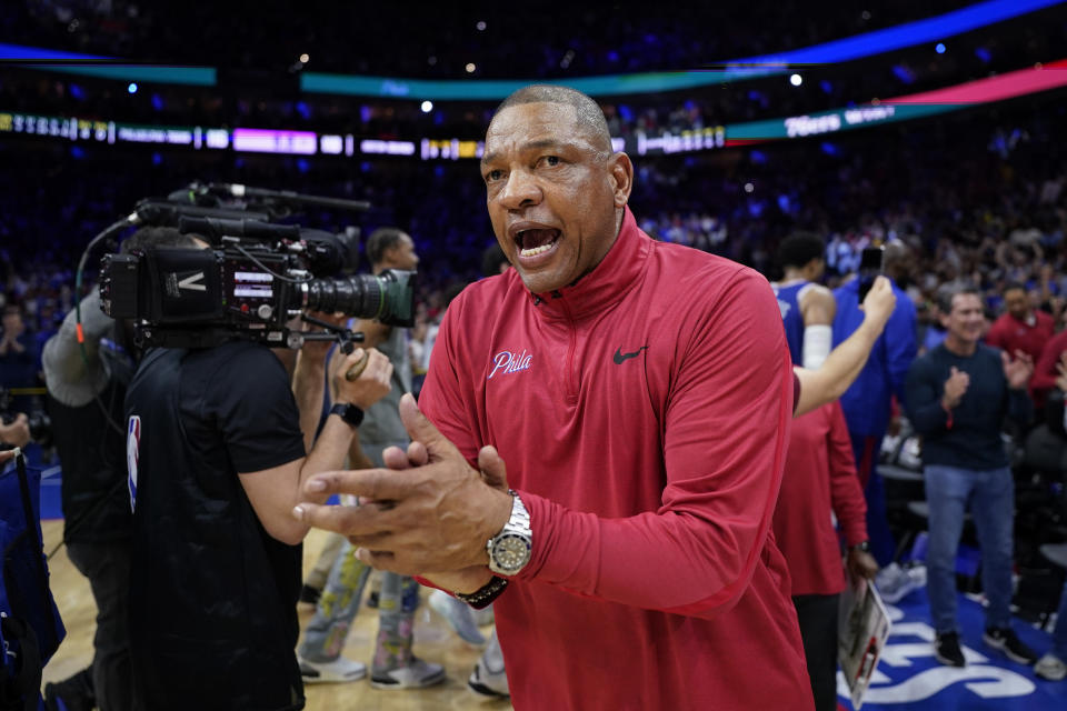 Philadelphia 76ers head coach Doc Rivers celebrates after winning Game 4 in an NBA basketball Eastern Conference semifinals playoff series against the Boston Celtics, Sunday, May 7, 2023, in Philadelphia. (AP Photo/Matt Slocum)