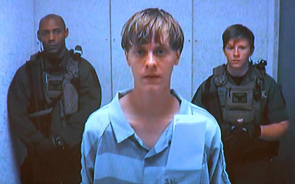 Dylann Roof appears by closed-circuit television at his bond hearing in Charleston, South Carolina in this June 19, 2015 still image from video. Relatives of nine African-Americans killed at a historic South Carolina church may get a second opportunity to address the white man accused in the murders on July 31, 2015 when he is arraigned on federal hate crime charges, sources close to the case said. REUTERS/Pool/Files