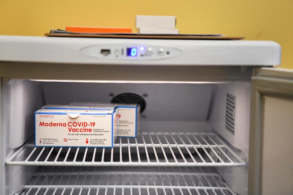 Moderna's COVID-19 vaccine waits in a refrigerator at the Ararat House.