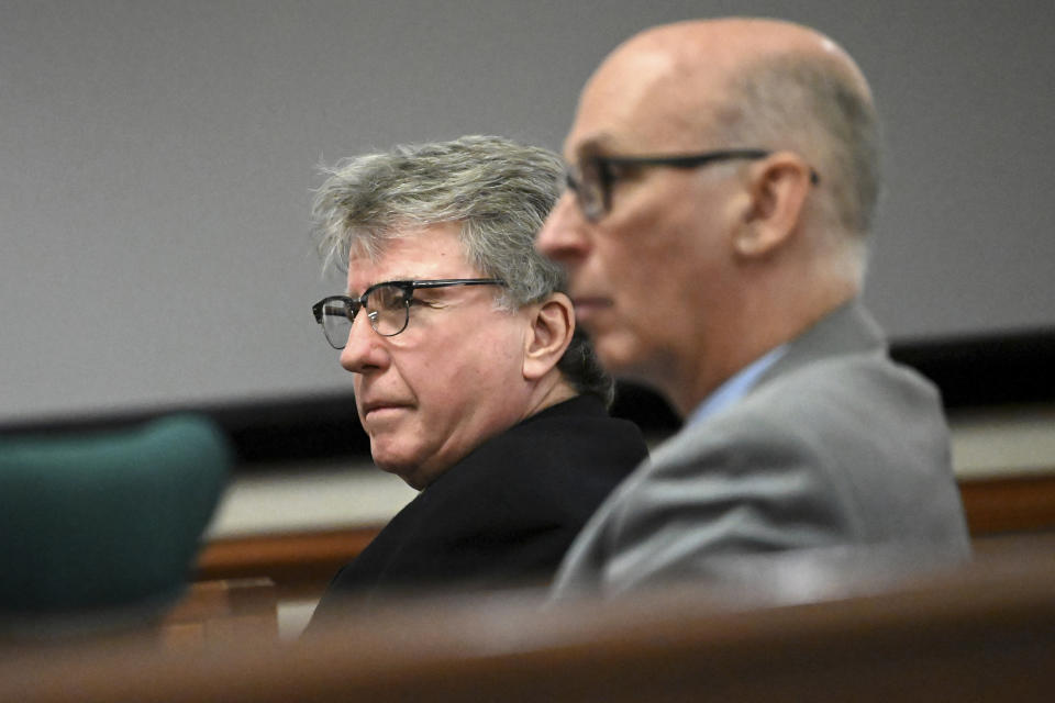 Defendant Kevin Monahan, left, listens to opening statements in his murder trial, Thursday, Jan. 11, 2024, at the Washington County Courthouse in Fort Edward, N.Y. Monahan, 66, is accused of fatally shooting 20-year-old Kaylin Gillis on the night of April 15, 2023, after she and friends accidentally pulled into his driveway in rural Hebron. He is charged with second-degree murder, reckless endangerment and tampering with physical evidence. (Will Waldron/The Albany Times Union via AP, Pool)