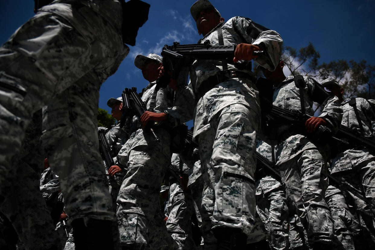 MEXICO CITY, MEXICO - JUNE 30: Elements of the National Guard march during the ceremony of deployment of the new Mexican security force 'National Guard' at Campo Marte on June 30, 2019 in Mexico City, Mexico. The new force will be constitute by federal and military police as well as members of the Mexican Army. (Photo by Manuel Velasquez/Getty Images)