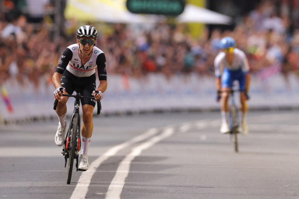 UAE Team Emirates British rider Adam Yates L cycles to the finish line to win ahead of his brother Team Jayco Alulas British rider Simon Yates placing second during the 1st stage of the 110th edition of the Tour de France cycling race 182 km departing and finishing in Bilbao in northern Spain on July 1 2023 Photo by Thomas SAMSON  AFP Photo by THOMAS SAMSONAFP via Getty Images