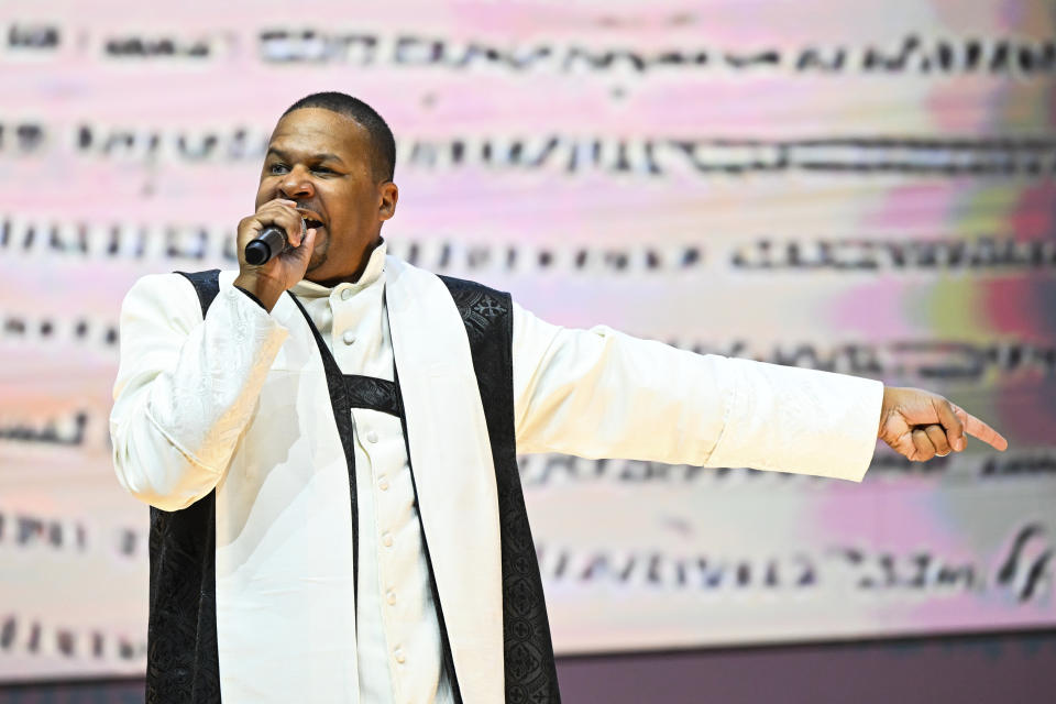 Reverend Matthew L. Watley delivers his sermon during Sunday service at Kingdom Fellowship AME Church, Sunday, June 2, 2024, in Calverton, Md. The suburban Maryland congregation, led by Rev. Watley, has landed at the top of a list of the fastest-growing churches in America. (AP Photo/Terrance Williams)