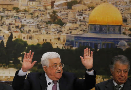 FILE PHOTO: Palestinian President Mahmoud Abbas speaks during the meeting of the Palestinian Central Council in the West Bank city of Ramallah January 14, 2018. REUTERS/Mohamad Torokman/File Photo