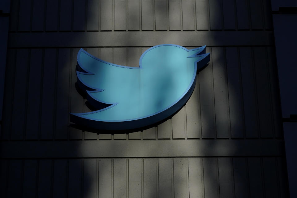 A sign at Twitter headquarters is shown in San Francisco, Friday, Nov. 18, 2022. (AP Photo/Jeff Chiu)