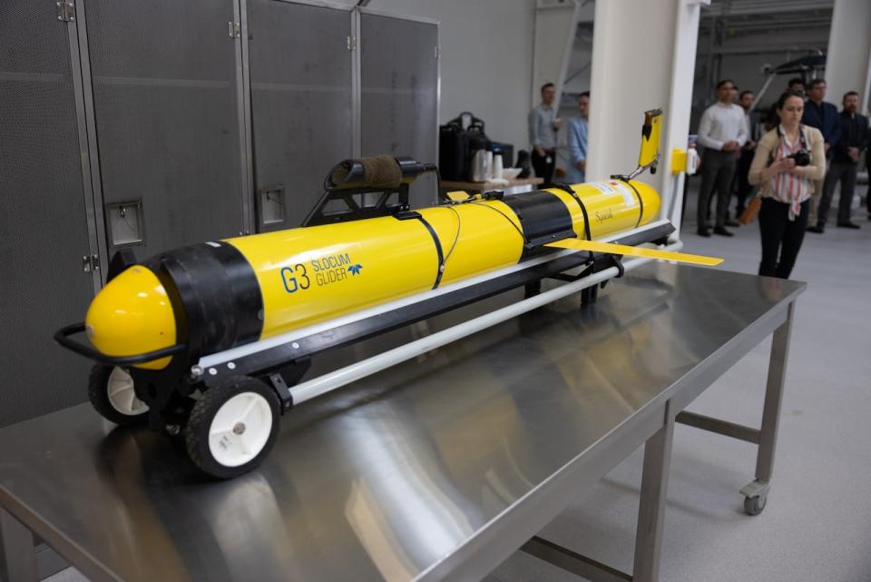 This slocum glider, a workhorse of ocean monitoring, was on display at the official opening of the the Facility for Intelligent Marine Systems in Dartmouth.
