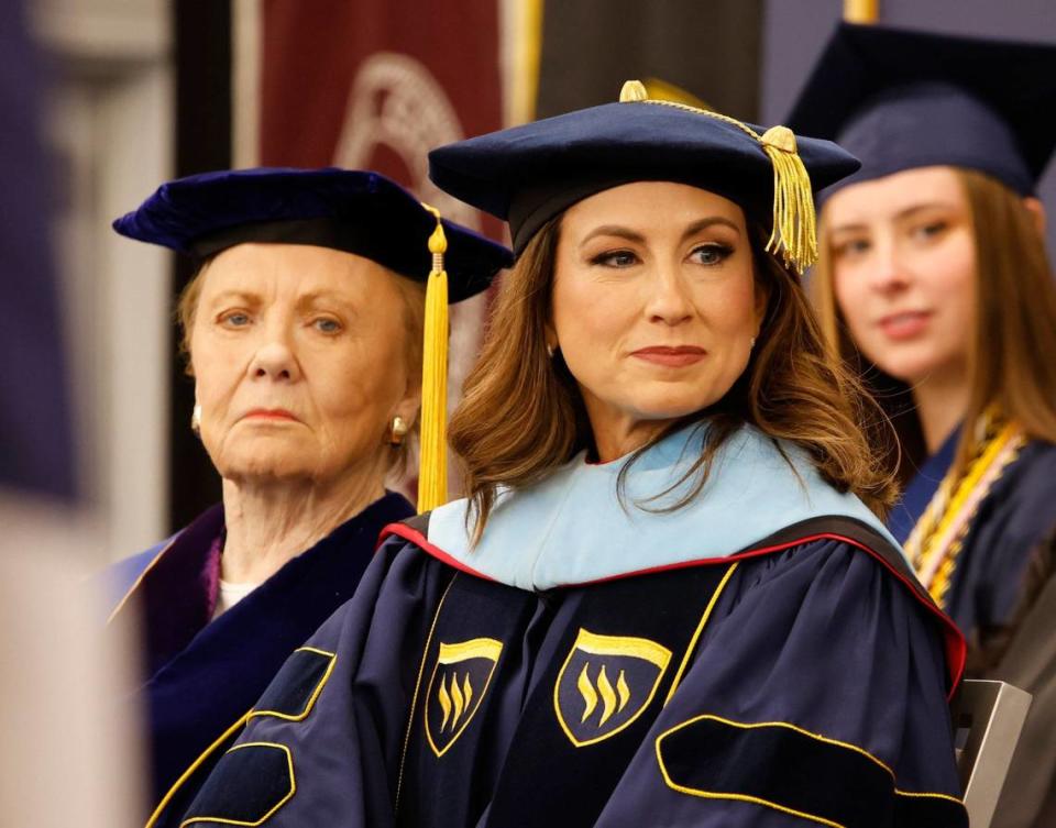 Emily W. Messer ED.D., setting next to U.S. Congresswoman district 12 Kay Granger listens to a speaker during Messer’s investiture as the 21st and first female president in Texas Wesleyan history in Fort Worth , Texas, Friday, April 26, 2024. Messer’s family and a large contingency from Alabama were in attendance. (Special to the Star-Telegram/Bob Booth)