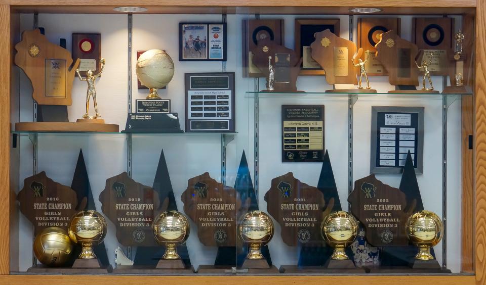 Six state volleyball championships through the years adorn the trophy case at Howards Grove High School on Sept. 20, 2023, in Howards Grove. The team is hoping to have five consecutive championships with a win this year.