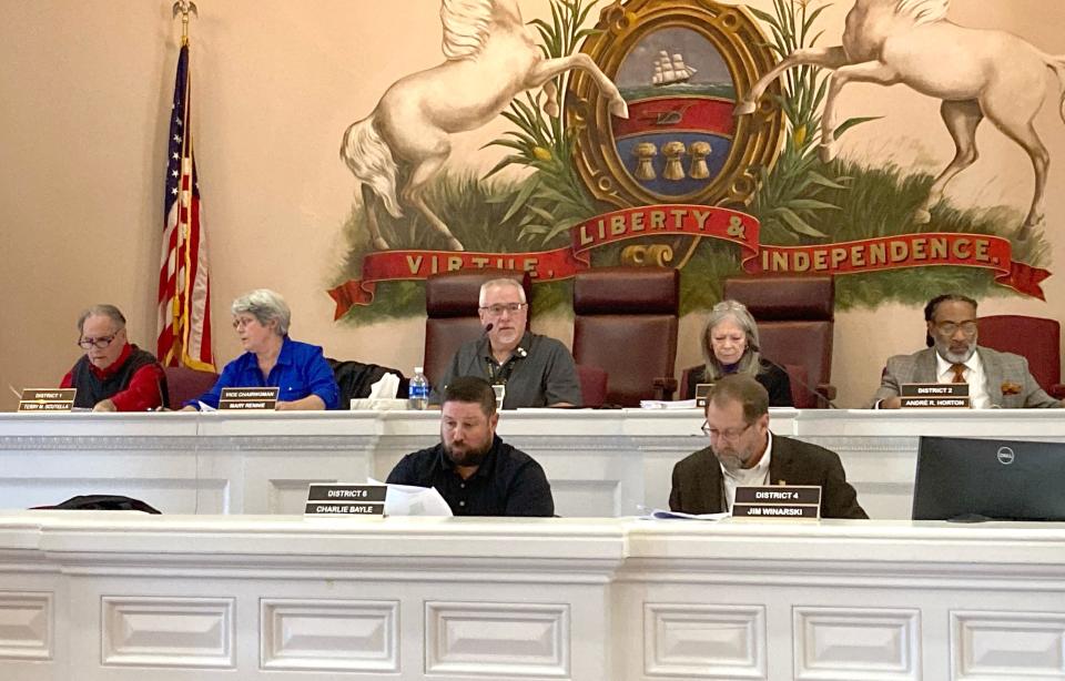 Members of Erie County Council are shown, on Nov. 23, 2022, in Courtroom H at the Erie County Courthouse. Back row, from left: Terry Scutella, Mary Rennie, Brian Shank, Ellen Schauerman and Andre Horton. Front row, from left: Charlie Bayle and Jim Winarski. Council approved the 2023 budget on Wednesday. 