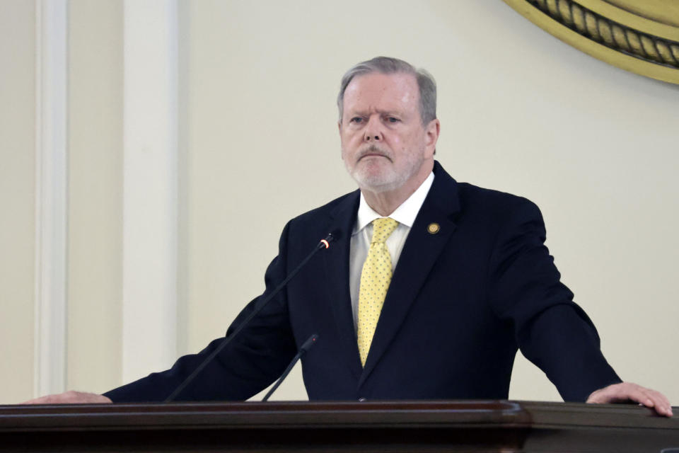 FILE - Republican Senate leader Phil Berger presides as the Senate convenes, Tuesday, May 16, 2023, in Raleigh, N.C. North Carolina trial judges on Thursday, Nov. 30, 2023, blocked portions of a new law that would transfer Democratic Gov. Roy Cooper’s authority to pick election board members to the Republican-dominated General Assembly. (AP Photo/Chris Seward, File)