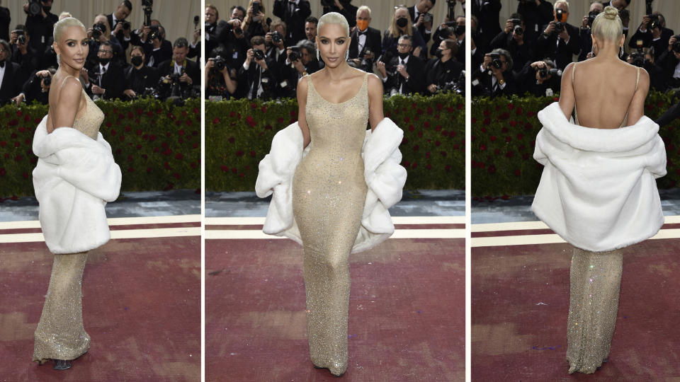 In this combination photo, Kim Kardashian attends The Metropolitan Museum of Art's Costume Institute benefit gala celebrating the opening of the "In America: An Anthology of Fashion" exhibition on Monday, May 2, 2022, in New York. (Photo by Evan Agostini/Invision/AP)