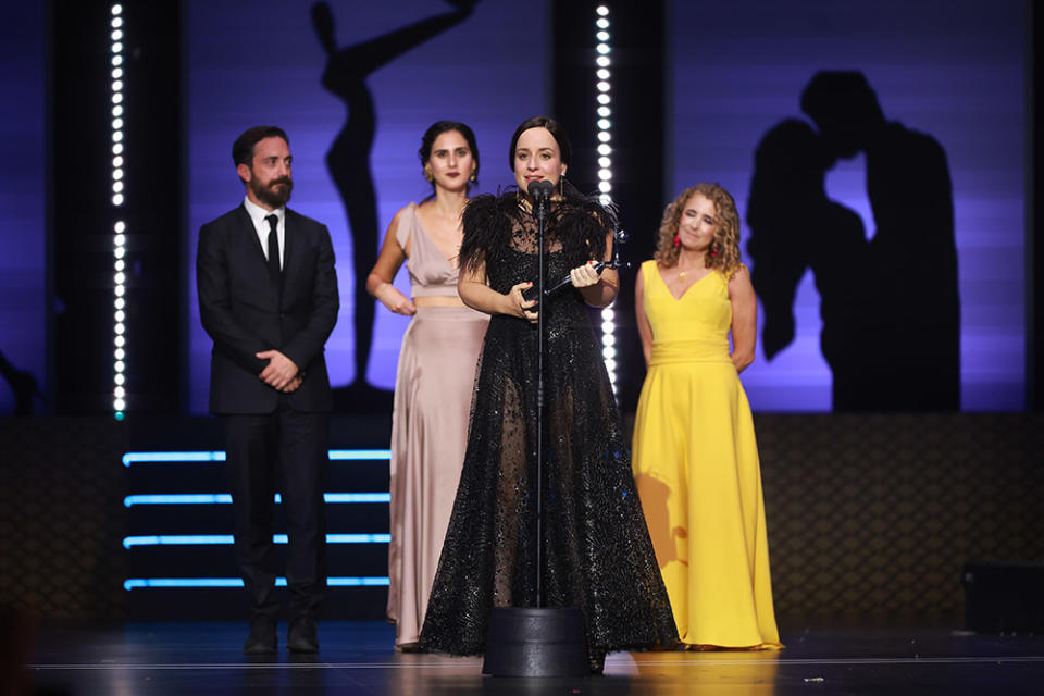 Maite Alberdi accepts the Best documentary film award for La memoria infinita during the 11th edition of Premios Platino at Xcaret on April 20, 2024 in Riviera Maya, Mexico.