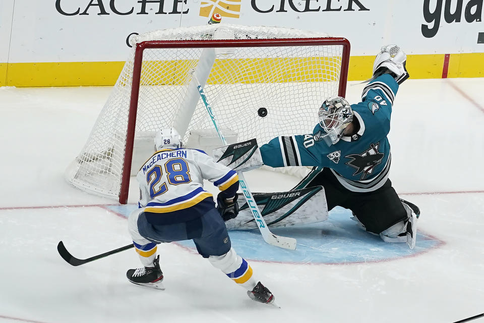 St. Louis Blues left wing Mackenzie MacEachern (28) scores a goal past San Jose Sharks goaltender Devan Dubnyk (40) during the third period of an NHL hockey game in San Jose, Calif., Saturday, Feb, 27, 2021. (AP Photo/Tony Avelar)