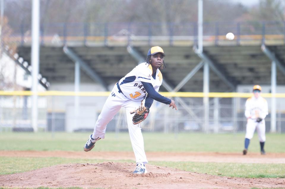 Battle Creek Central pitcher James Shelton pitches during a game against Pennfield at Battle Creek Central High School on Thursday, April 4, 2024.
