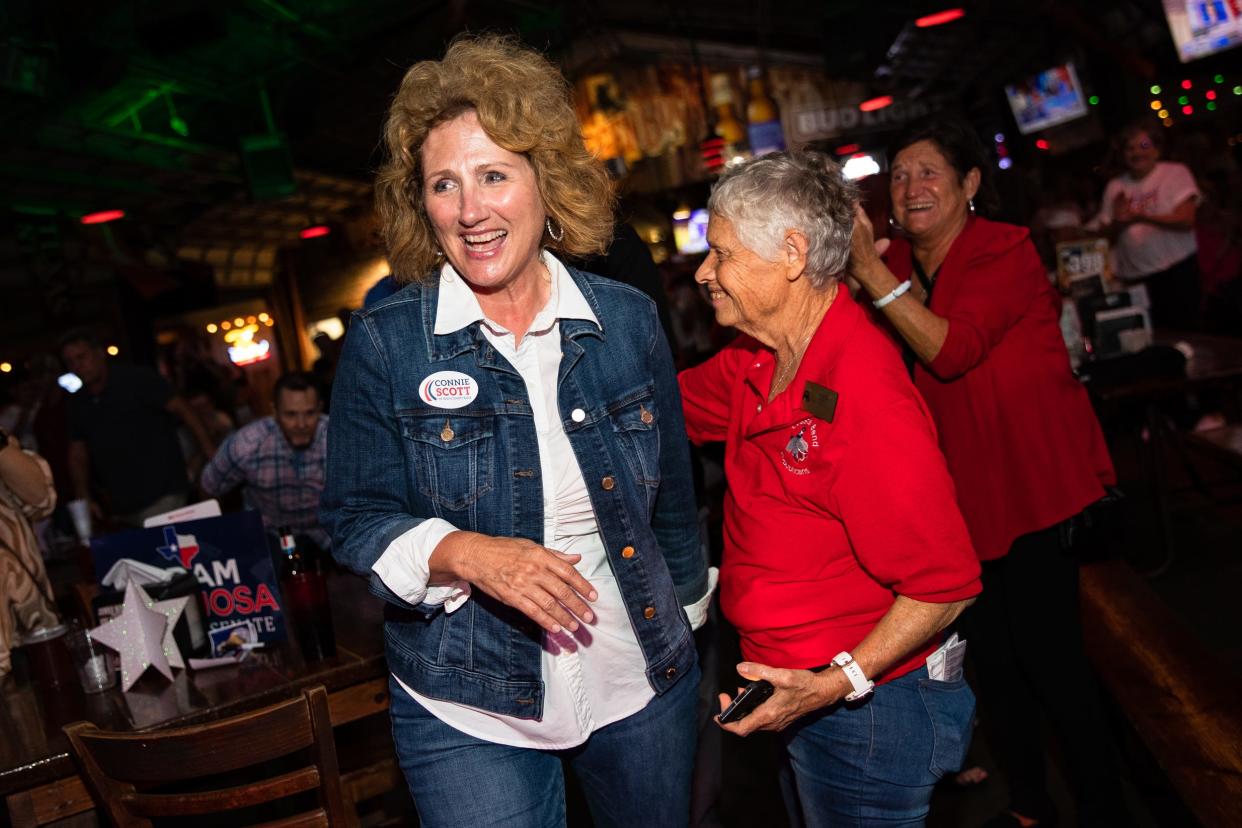 Nueces County Judge-elect Connie Scott heads to the stage after she was announced the projected winner of the race by supporters at a Brewster Street Icehouse watch party in Corpus Christi, Texas on Tuesday, Nov. 8, 2022.
