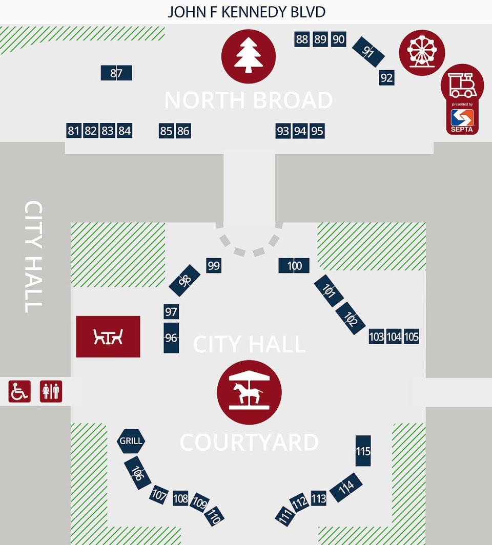 Layout of the Courtyard at Philadelphia City Hall, showing portals for SEPTA and other vendors for the Christmas Village holiday festival in downtown Philadelphia.