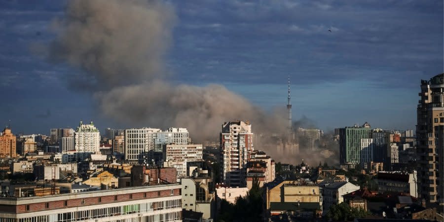 Smoke in the sky over Kyiv after a rocket strike on Lukyanivka