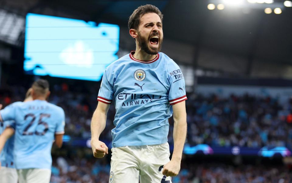 Bernardo Silva of Manchester City celebrates after scoring the team&#39;s first goal during the UEFA Champions League semi-final second leg match between Manchester City FC and Real Madrid at Etihad Stadium on May 17, 2023 in Manchester, England - Getty Images/Jan Kruger