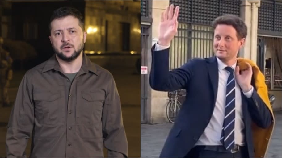 烏克蘭總統澤連斯基（Volodymyr Zelensky）、法國歐洲事務部長波恩（Clement Beaune）   圖：翻攝自澤連斯基臉書、波恩推特