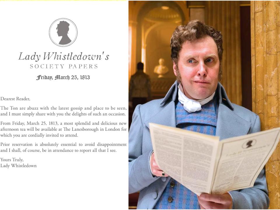 Bridgerton Tea menu, Bridgerton character reading the Whistledown Papers