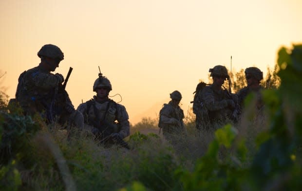 Canadian and American troops on a joint patrol in late June 2011. Afghan-Canadian advisers were critical to the work of both armies during combat operations. (Murray Brewster/The Canadian Press                                                  - image credit)