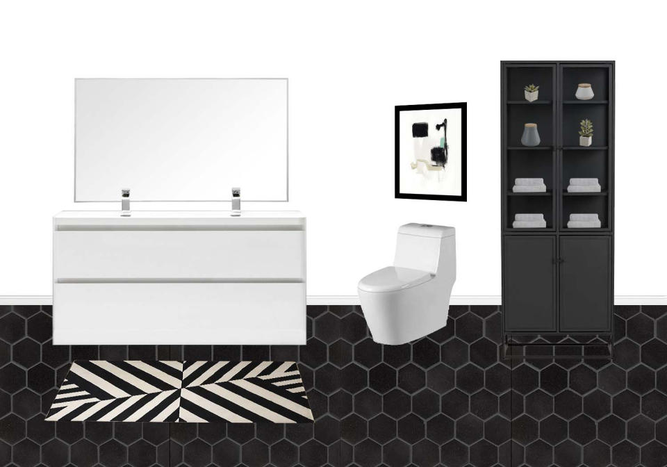 <p>Bathrooms don't have to be all business. "Here, I grounded the space in black and white square and hexagonal shapes to give the room a fun and contrasting aesthetic," says Ashley.</p>