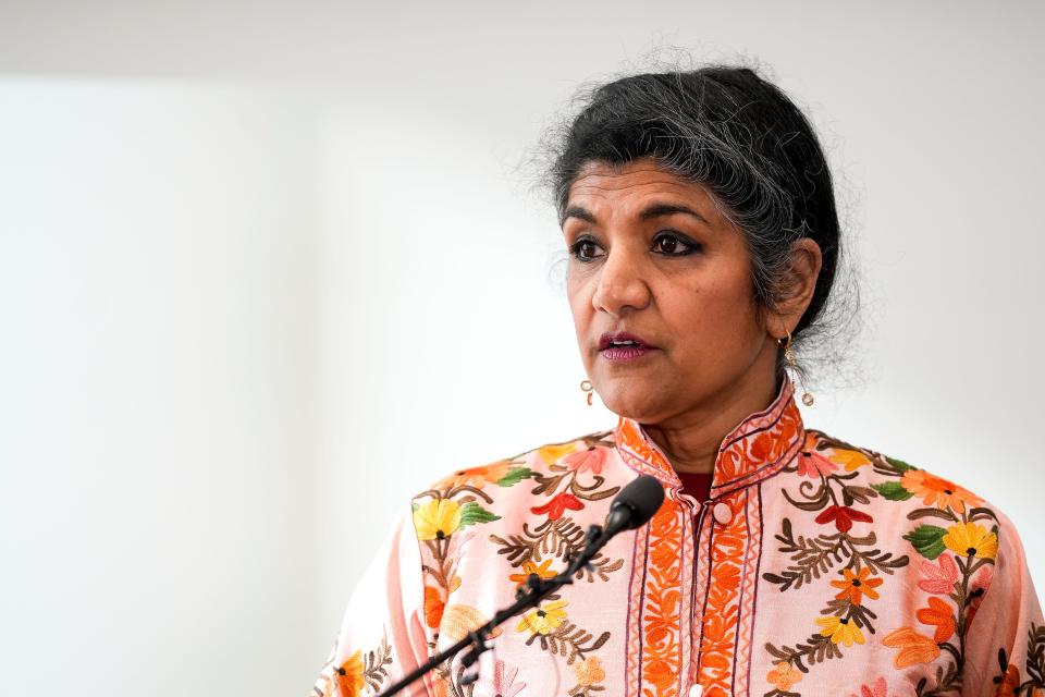 Hamilton County Coroner Dr. Lakshmi Sammarco announces the dismembered head found in January 2024 belongs to the torso of a woman found in November 2023 during a press conference on Thursday, Jan. 11, 2024, at Hamilton County Coroner & Crime Laboratory in Blue Ash, Ohio. The body parts were found in North Fairmont, with the head being found blocks away from the torso.