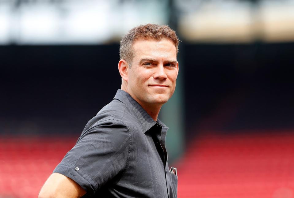 Apr 29, 2017; Boston, MA, USA; Chicago Cubs president of baseball operations Theo Epstein on the field before the game between the Boston Red Sox and the Chicago Cubs   at Fenway Park. Mandatory Credit: Winslow Townson-USA TODAY Sports
