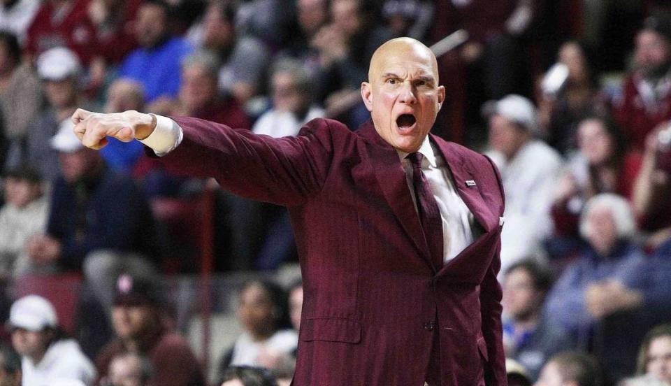 UMass coach Frank Martin yells out instructions to players during the second half of the team’s NCAA college basketball game against St. Bonaventure on Saturday, Feb. 24, 2024, in Amherst, Mass. (J. Anthony Roberts/The Republican via AP)