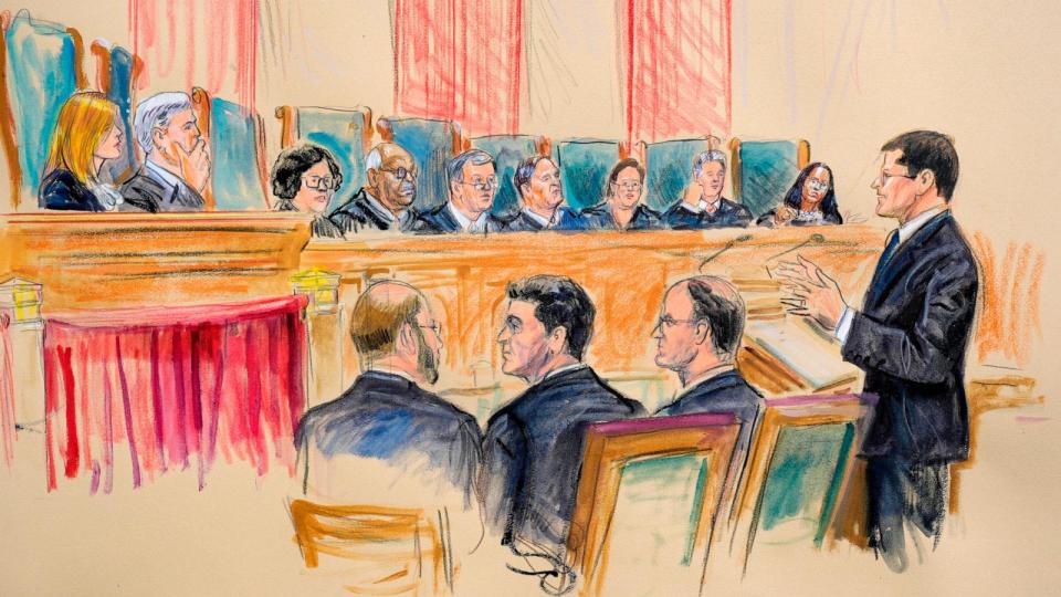 PHOTO: The artist sketch depicts former President Donald Trump's attorney John Sauer speaking before the Supreme Court in Washington, Apr. 25, 2024. (Dana Verkouteren/AP)