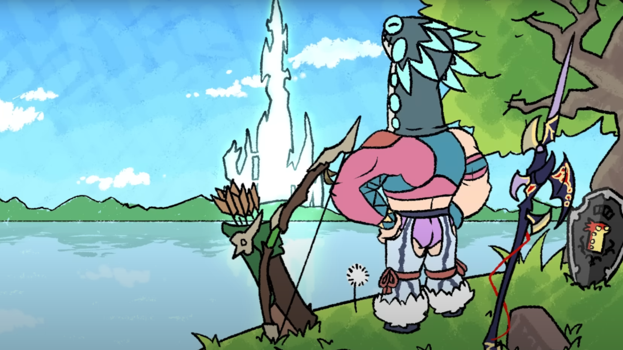  An image from JoCat's channel on YouTube, from his "A Crap Guide to X" series, which shows a character, JoCrap, looking over the crystal tower from a clifftop. 