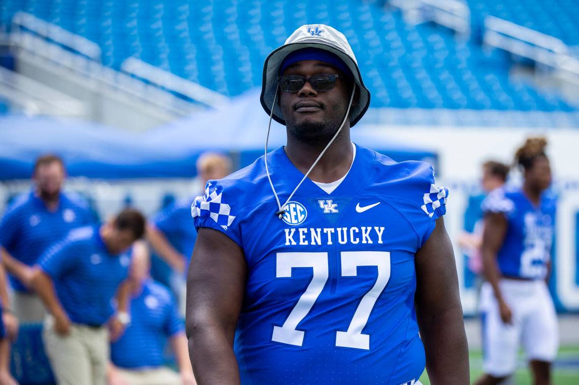 The playing status of Kentucky starting right tackle Jeremy Flax (77) is unclear after he suffered an apparent leg injury late in UK’s 22-19 loss at Mississippi last week.