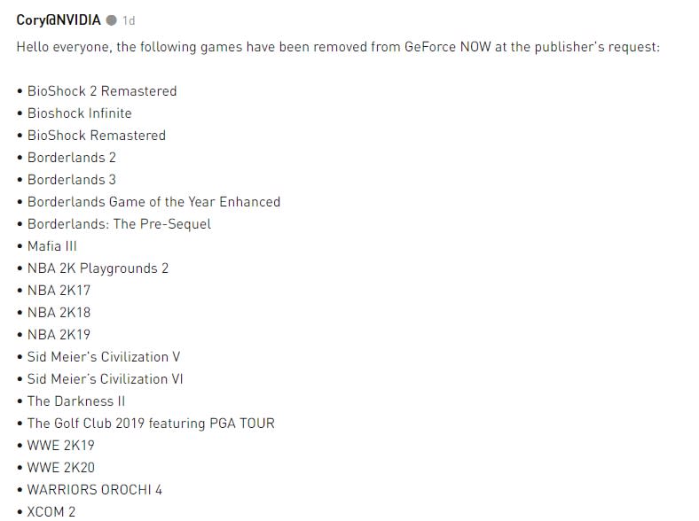完整退出GeForce Now的2K遊戲名單。 