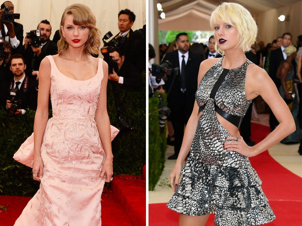 Two photos of Taylor Swift on the Met Gala red carpet.