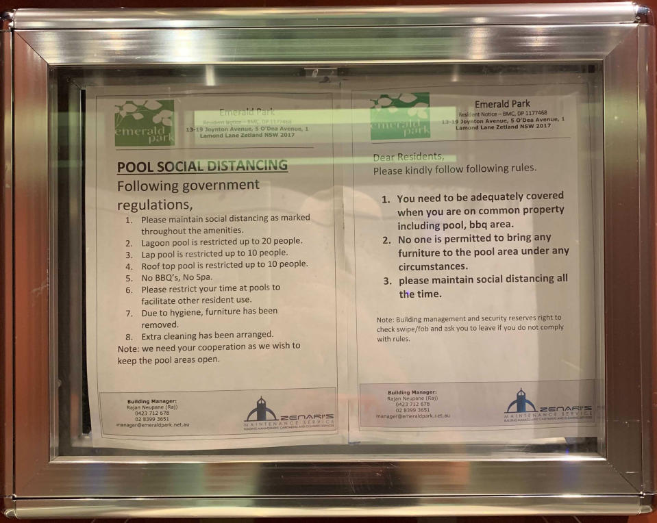 Another resident shared the buildings' updated pool rules. Photo: Supplied