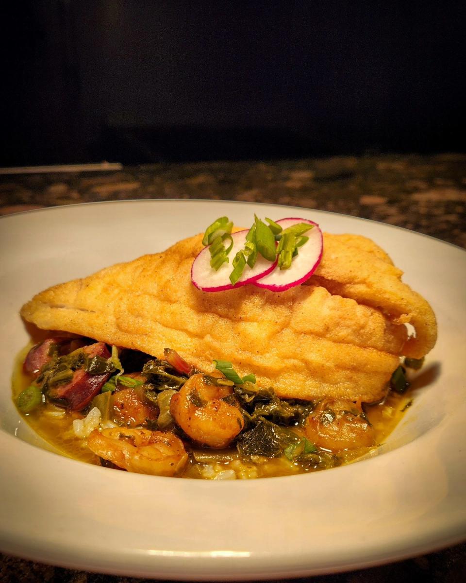 Green Gumbo with andouille sausage, blackened shrimp, and Carolina gold rice was a recent special at Port Land Grille in Wilmington's Lumina Station.