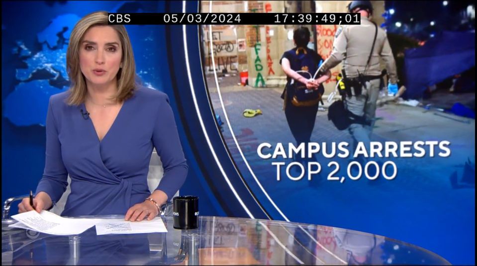 A still photo from a CBS news broadcast in May 2024 shows coverage of college protests against Israel’s war in Gaza. Vanderbilt Television News Archive