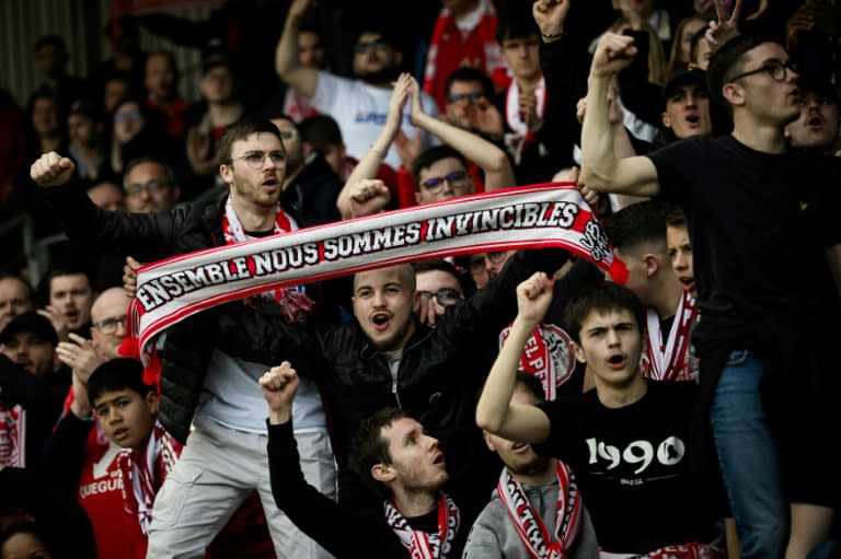 Les supporters de Brest lors du match remporté 4-3 face à Metz, le 7 avril 2024 au stade Francis-Le-Blé (LOIC VENANCE)