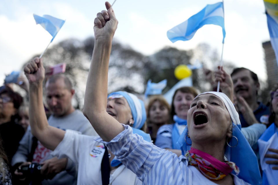 Supporters of "Juntos por el Cambio" presidential candidate Patricia Bullrich listen to her during a campaign rally in Buenos Aires, Argentina Oct. 16, 2023. General elections are set for Oct. 22. (AP Photo/Natacha Pisarenko)