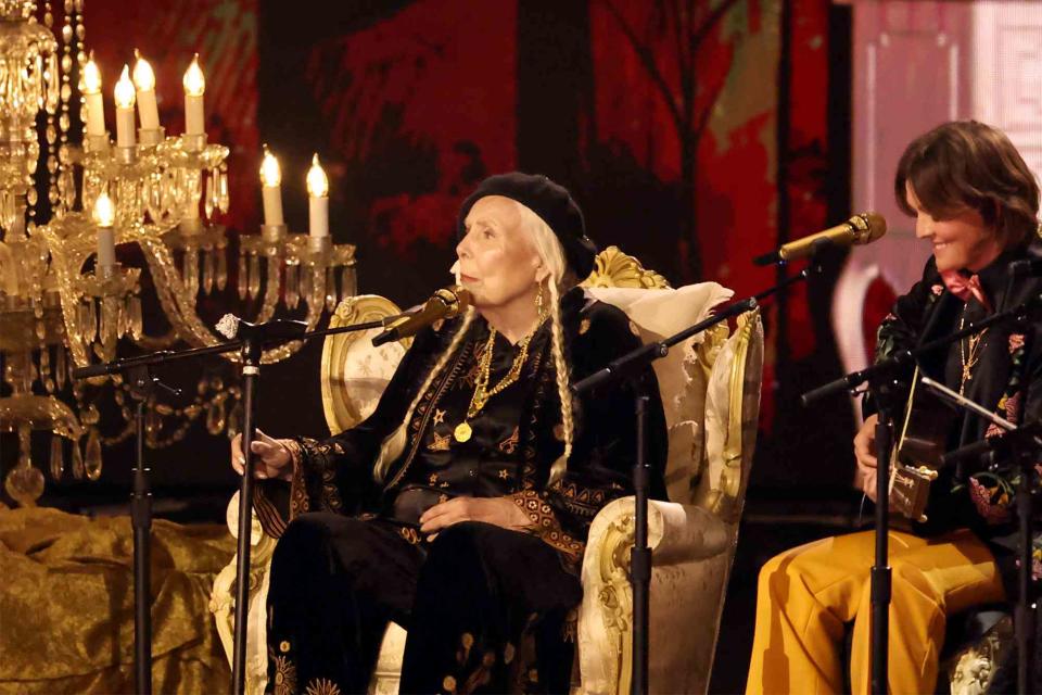 <p>Amy Sussman/Getty Images</p> Joni Mitchell and Brandi Carlile perform onstage during the 66th GRAMMY Awards at Crypto.com Arena on February 4, 2024 in Los Angeles, California.