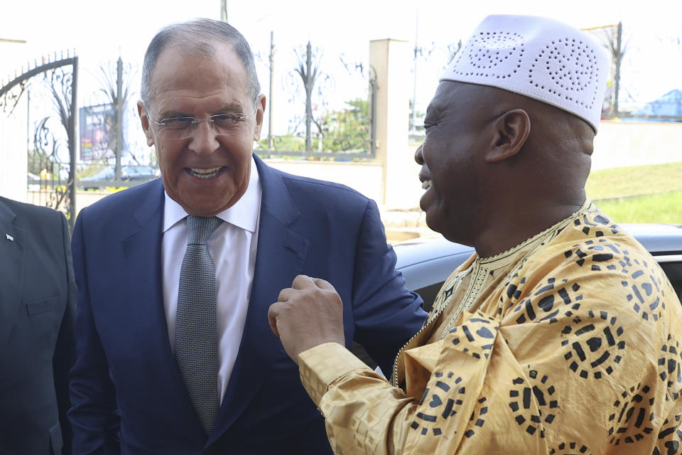 In this photo released by Russian Foreign Ministry Press Service, Russian Foreign Minister Sergey Lavrov, left, and Guinea's foreign minister Morissanda Kouyate talk during their meeting in Conakry, Guinea, Monday, June 3, 2024. Russian Foreign Minister Sergey Lavrov arrived Monday in Guinea on his latest visit to West Africa, where coups and growing discontent with traditional allies like France and the United States have contributed to some countries' shift towards Moscow. (Russian Foreign Ministry Press Service via AP)