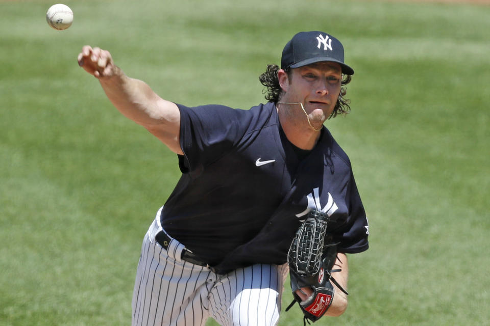 New York Yankees starting pitcher Gerrit Cole delivers during an intrasquad game in baseball summer training camp Sunday, July 12, 2020, at Yankee Stadium in New York. (AP Photo/Kathy Willens)