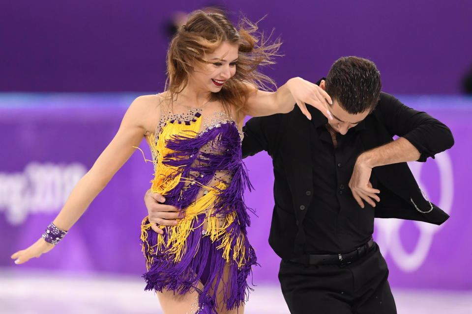 <p>Ukraine’s Maxim Nikitin and Alexandra Nazarova perform during the ice dance short dance of the figure skating event during the Pyeongchang 2018 Winter Olympic Games at the Gangneung Ice Arena in Gangneung on February 19, 2018. / AFP PHOTO / Roberto SCHMIDT </p>