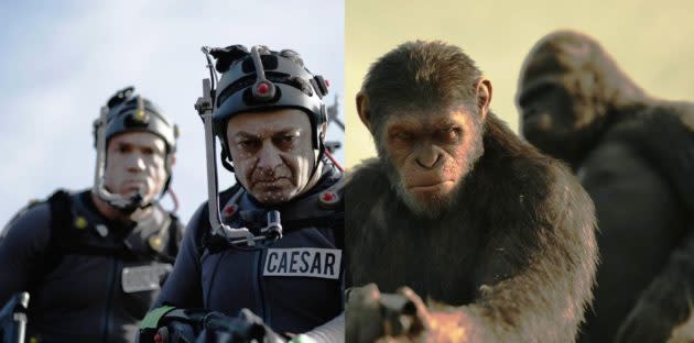 A comparison of motion-capture footage featuring Andy Serkis and the character he plays in “War for the Planet of the Apes” shows how the actor is transformed into an ape. (Twentieth Century Fox / Weta Digital)